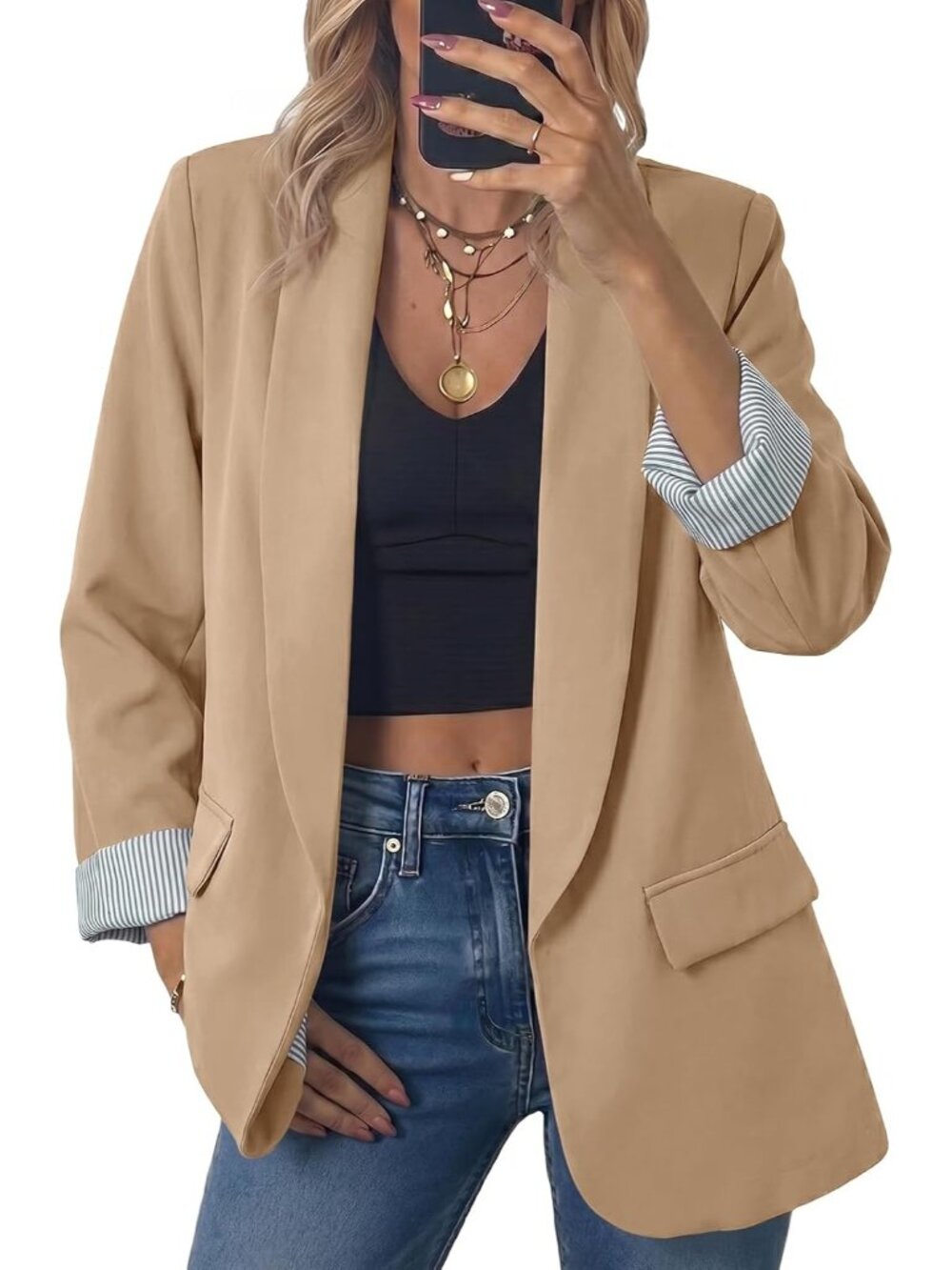 Women's Tan Oversized Open Front Shawl Collar Striped Cuff Classic Suit Jacket